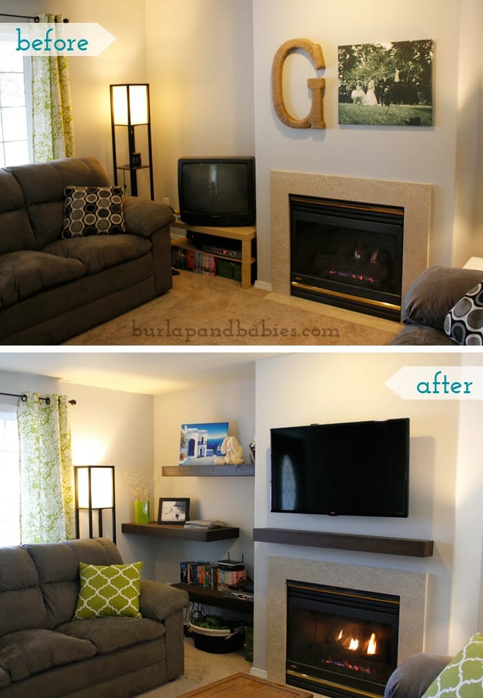 Before and after photos of floating shelves in a living room image.