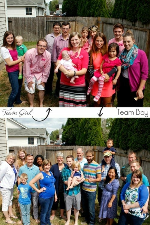 Families divided up in pinks and blues to guess what the sex of new baby will be image.