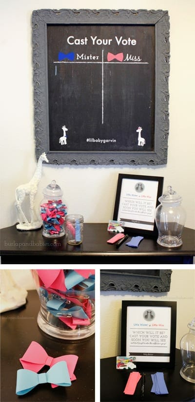 Gender reveal party chalkboard and pink and blue bows image.