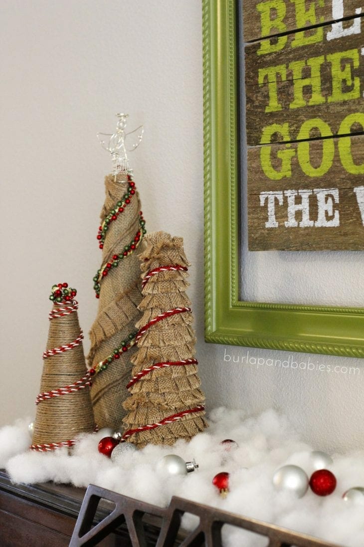 DIY Burlap Christmas Trees with an angel on top image. 