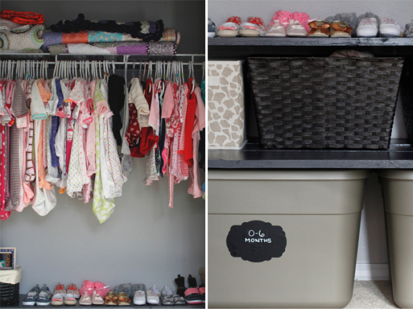 Baby clothes in closet and bins image.