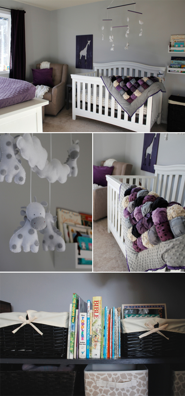Collage of baby girl's nursery in purple and white image.