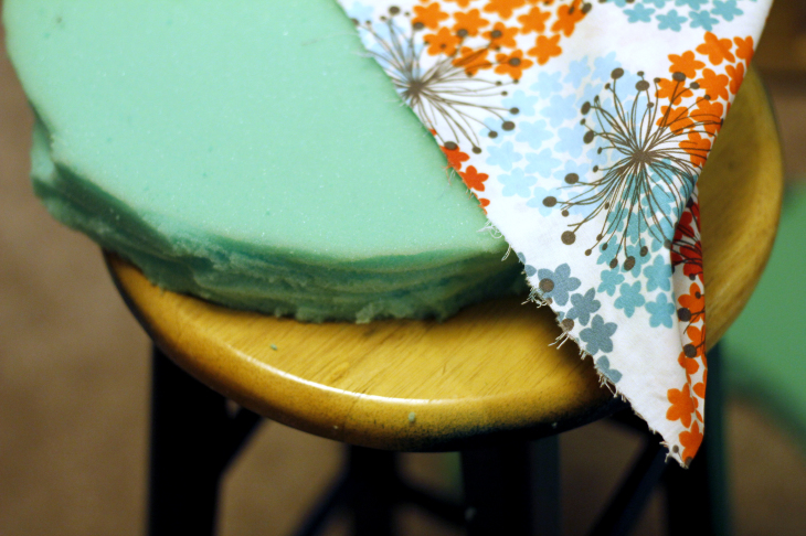 Green foam and fabric materials for the DIY bar stools image. 