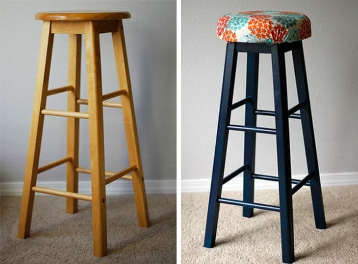 Before and after of bar stool makeover image.