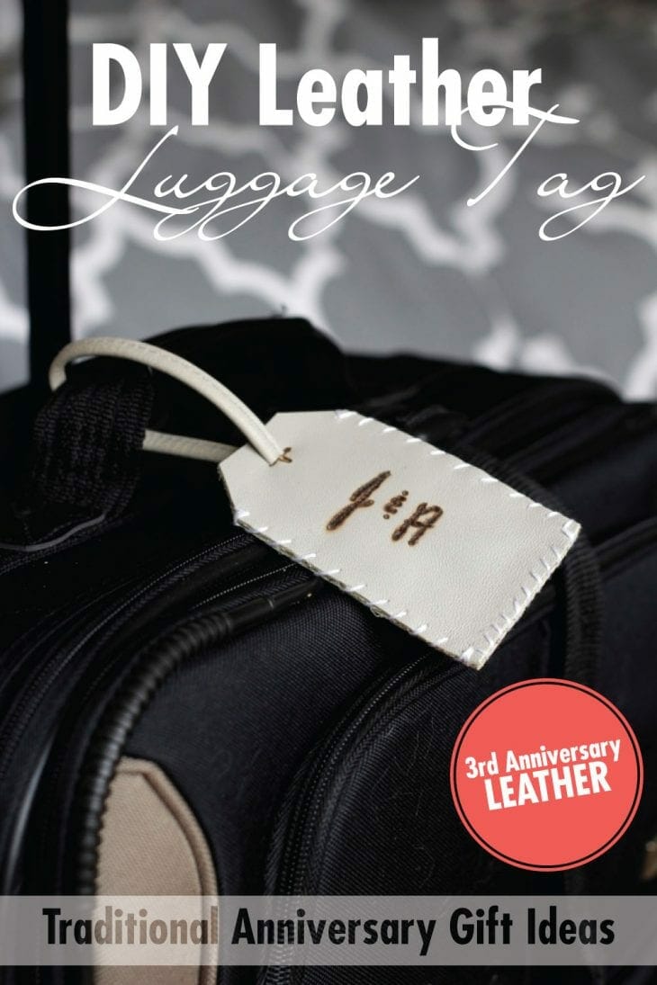 Leather Luggage Tag | Create these easy luggage tags from an old leather purse. Celebrate the 3rd traditional anniversary with the gift of leather. Plus, get a free printable with 10 more leather gift ideas!