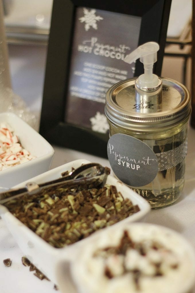 Hot chocolate bar party favors featuring peppermint syrup image.