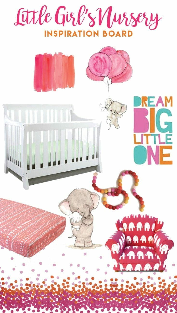 A colorful nursery filled with bright pink and orange. Perfect inspiration board for your fun little baby girl!