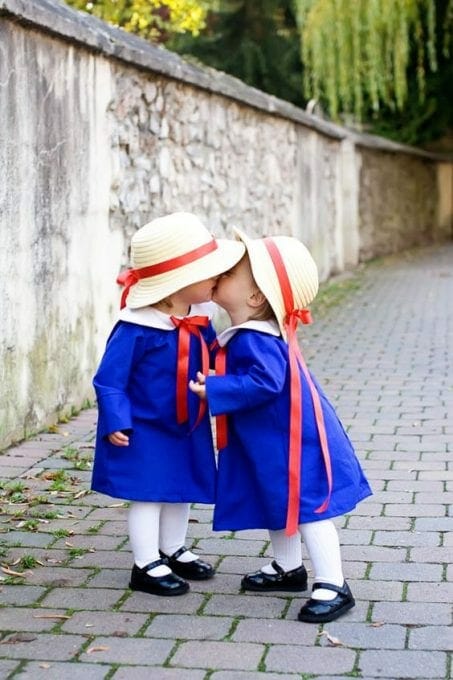 Two little girls in DIY Madeline costume image.