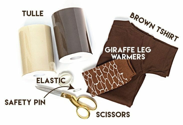 Tulle, brown shirt, elastic, scissors, safety pin image.