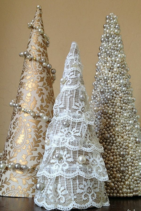 Mini Christmas Trees covered in lace and pearls image.