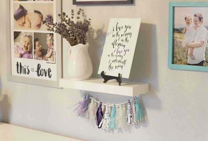 How to Plan a Gallery Wall — hanging shelf with tassels image.