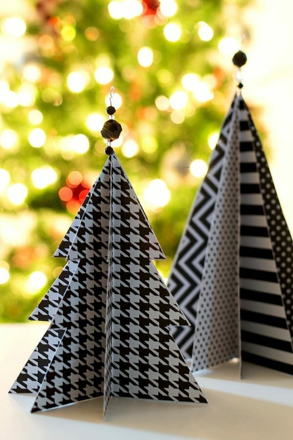 Mini paper Christmas trees in black and white patterns image.