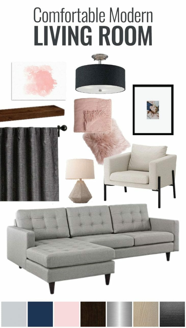 Modern doesn't have to mean bare and cold! Check out this comfortable modern living room mood board for kid-friendly home decor ideas done on a budget!