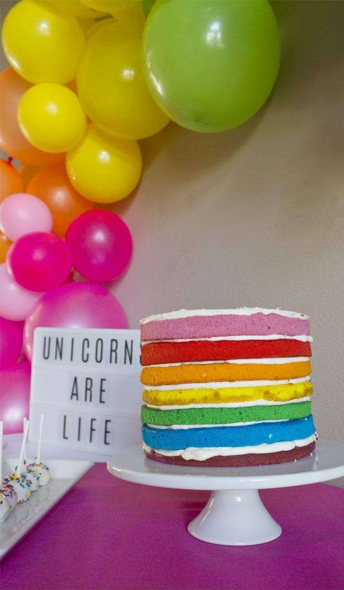 Unicorn rainbow birthday party cake image. 