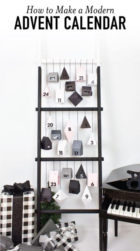 Make a modern advent calendar perfect for toddlers with this little paper village from Lia Griffith filled with activities and fun ideas for Christmas! This DIY ladder is the perfect way to display it all!