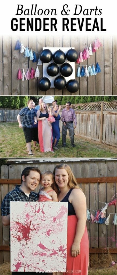 Group of people in a back yard for a gender reveal game of darts image.