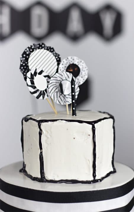 Black and white geometric birthday cake