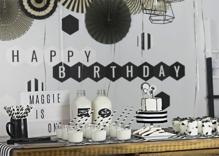 Black and white birthday party dessert table decor