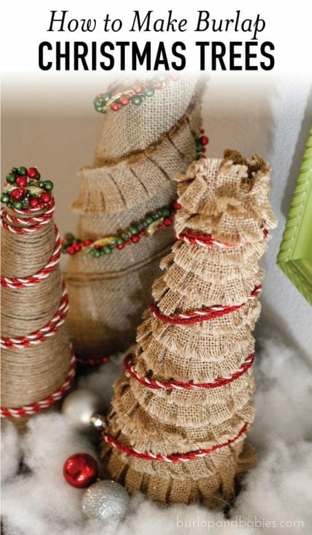 Burlap Christmas trees with red trim image.