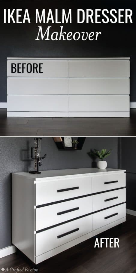 Makeover a simple IKEA Malm dresser into a modern dresser perfect for your bedroom. This before and after is incredible and so easy! #diy #homedecor #ikea