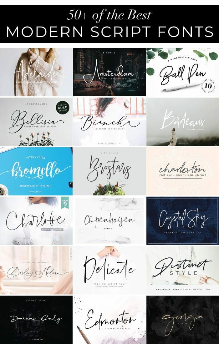 Creating invitations, designing posters, crafting a beautiful site...here are over 50 of the best modern script fonts you need in your font book! These cursive fonts include handlettered styles and modern calligraphy typefaces.