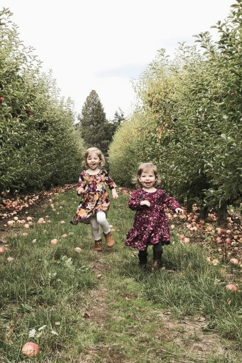 Image of kids running in apple orchard