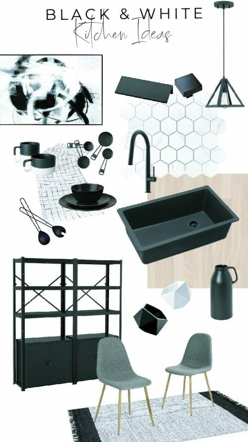 Mood board with black and white kitchen decor