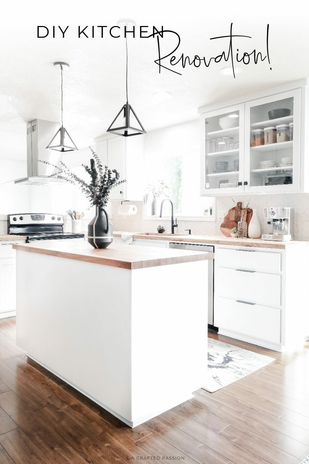 This modern kitchen makeover is filled with gorgeous black and white accents, hexagon tile backsplash, and many DIY projects. Check it out! #modernkitchen #renovation