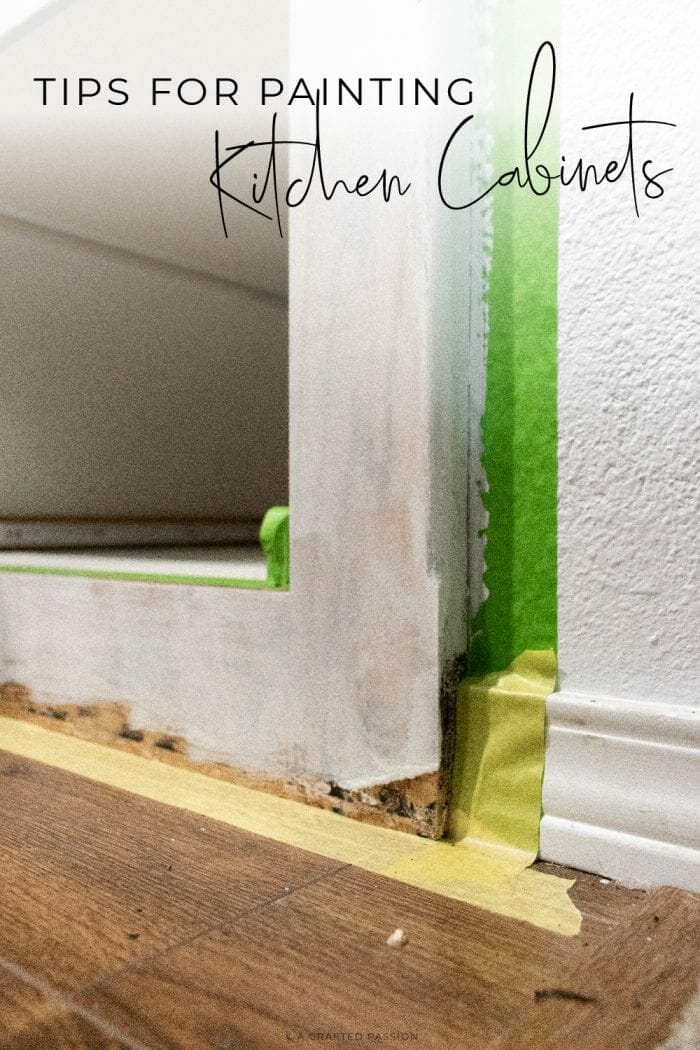 Caulking the kitchen cabinet with text overlay Tips for Painting Kitchen Cabinets.