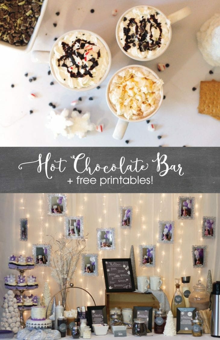 A Winter Wonderland Hot Chocolate Bar complete with FREE chalkboard labels, hot chocolate recipe cards, and lots of DIY hot chocolate bar ideas. Such a cute idea!