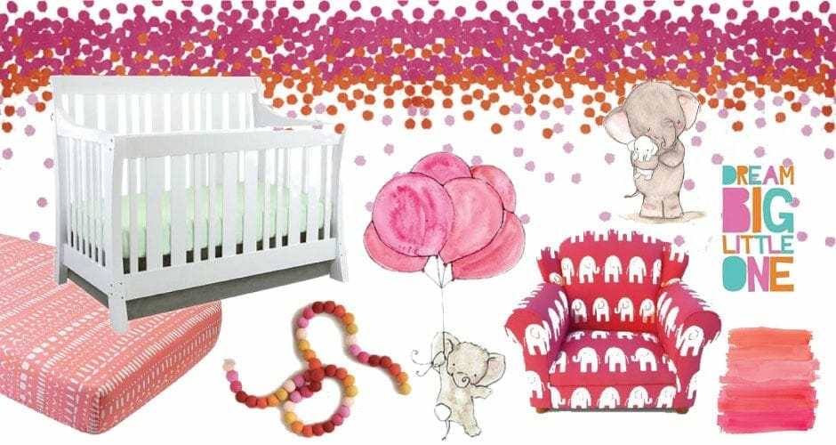 A colorful nursery filled with bright pink and orange. Perfect inspiration board for your fun little baby girl!