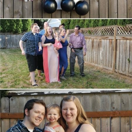 Group of people in a back yard for a gender reveal game of darts image.