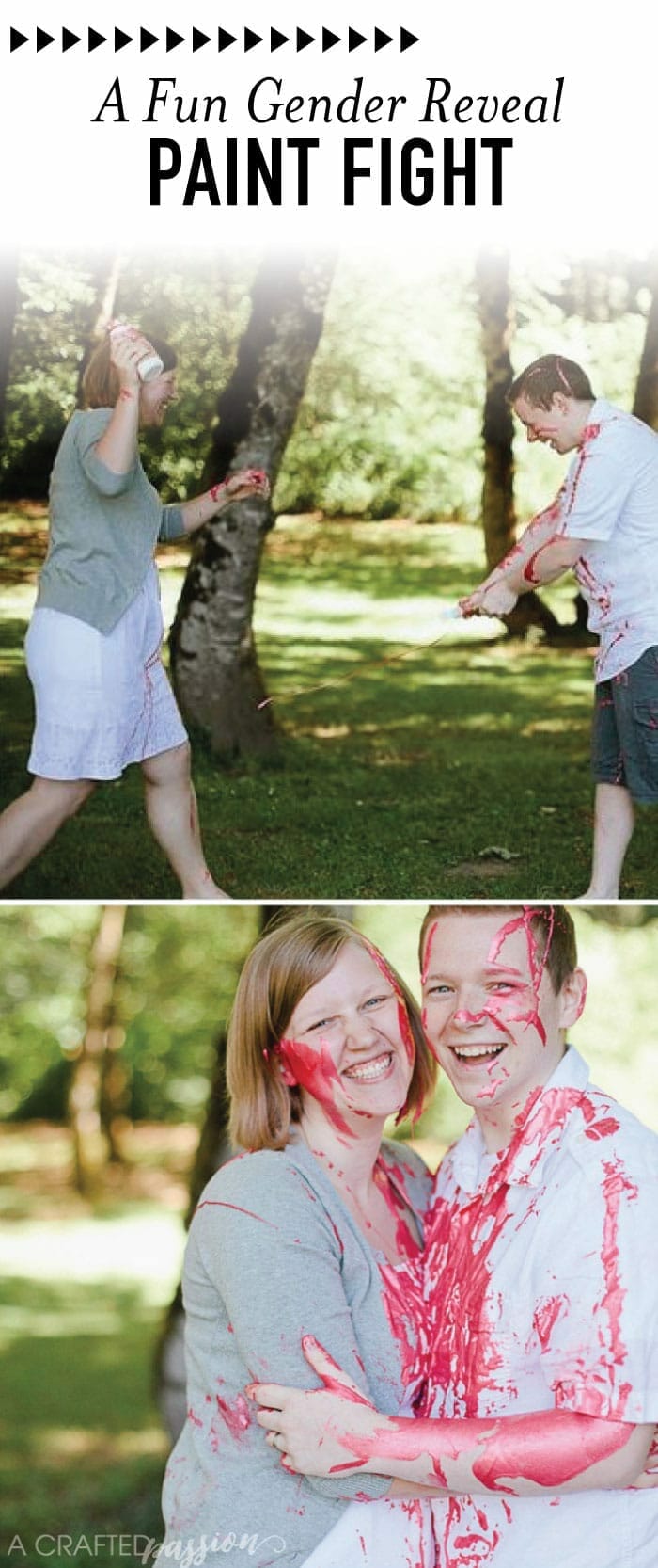 Gender reveal paint fight with smiling couple