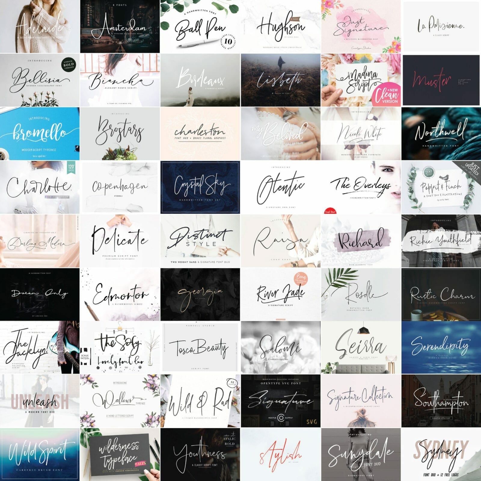 Creating invitations, designing posters, crafting a beautiful site...here are over 50 of the best modern script fonts you need in your font book! These cursive fonts include handlettered styles and modern calligraphy typefaces. #typography #fonts #handlettered #modernscript