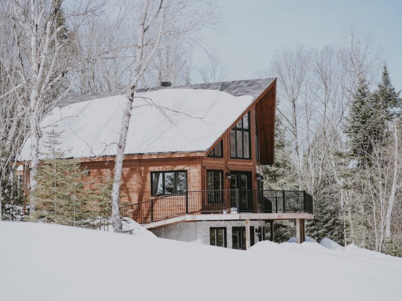 cabin near snowy forest