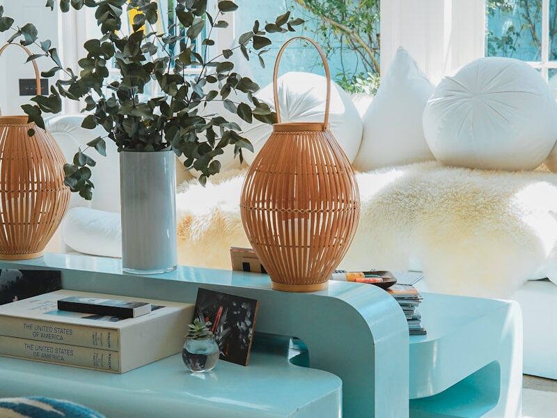 coffee table with basket beside sofa