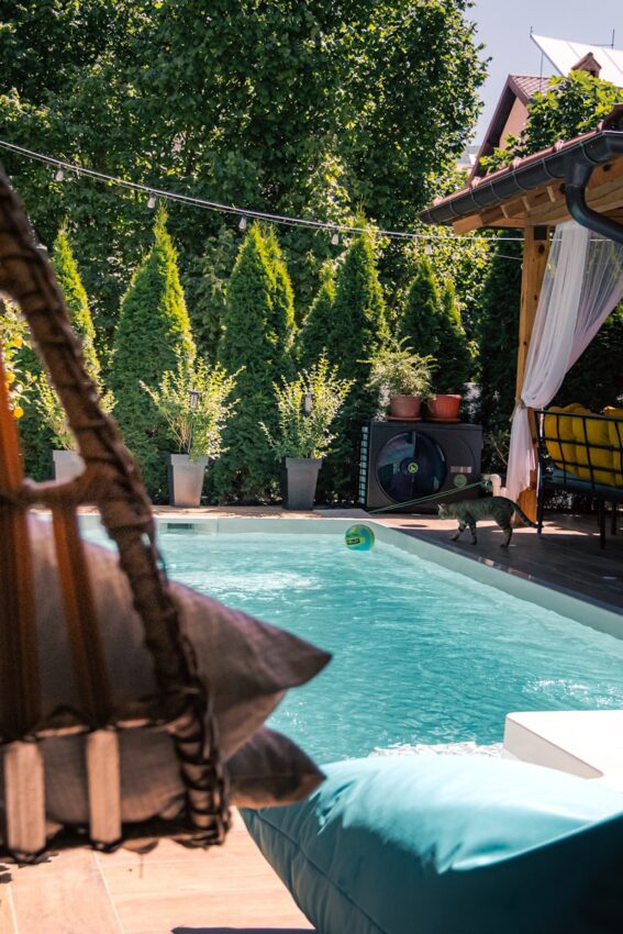 a backyard with a pool and a hammock chair