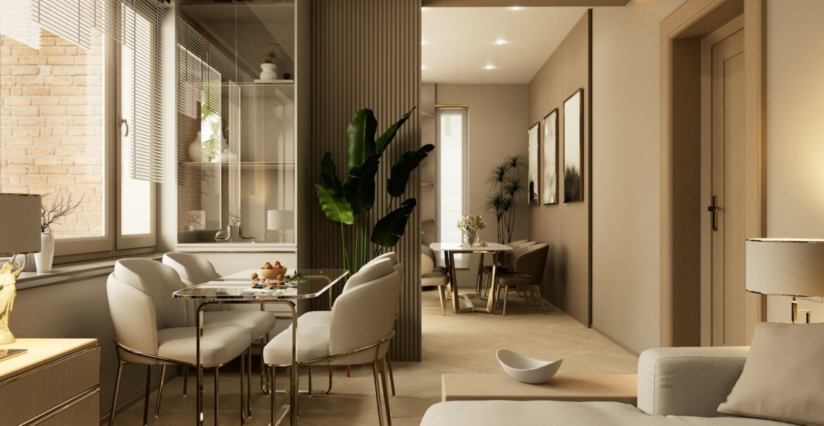 a living room filled with furniture and a dining room table