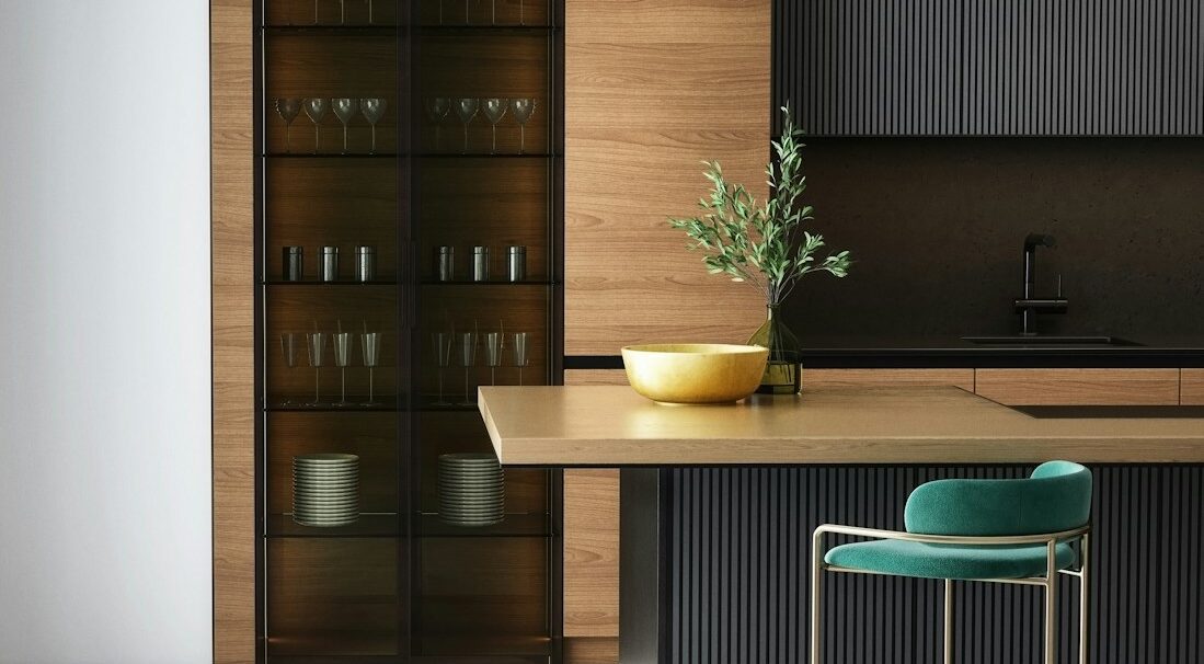 brown wooden cabinet near green and white table