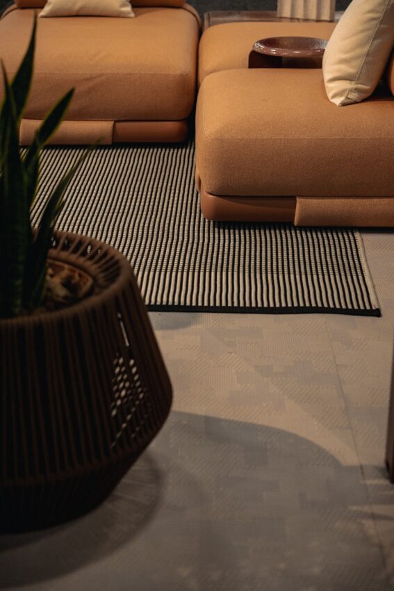 Modern living room features a plant and furniture.
