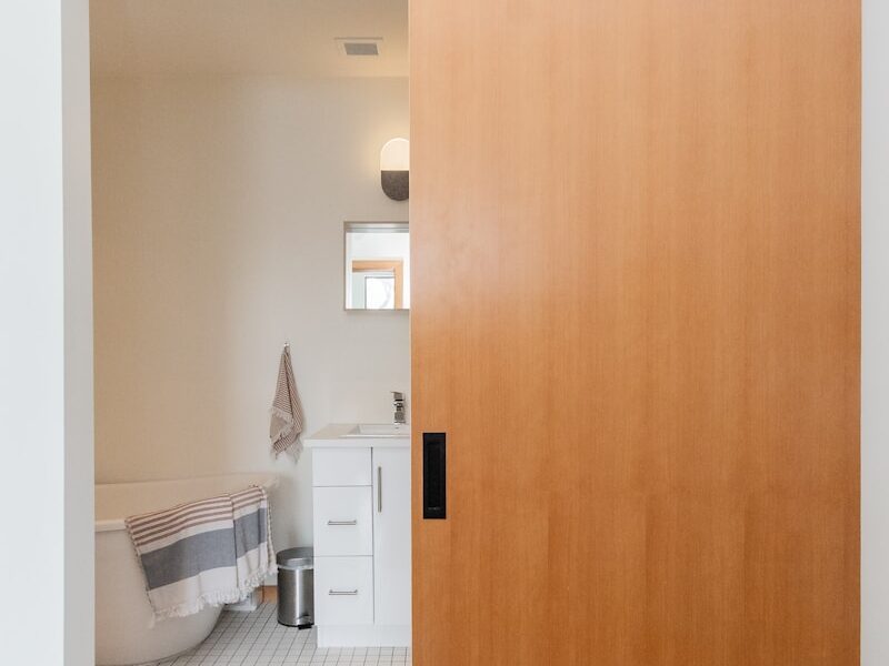 brown wooden door near white ceramic toilet bowl