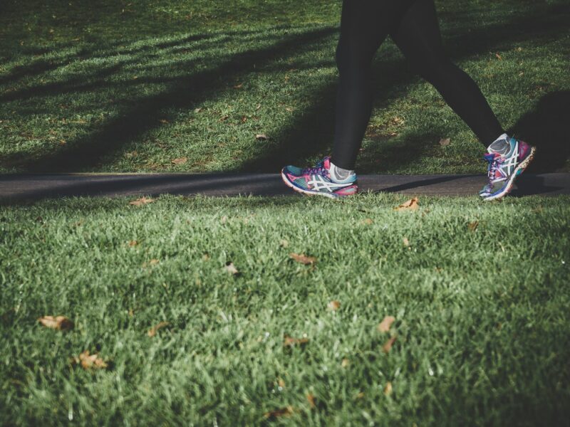 shallow focus photography of person walking on road between grass