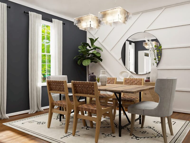 a dining room with a table and chairs