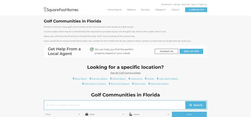 SquareFoot Homes Florida golf communities listings interface screenshot