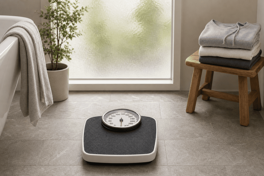 Bathroom with scale, folded clothes, and a potted plant.