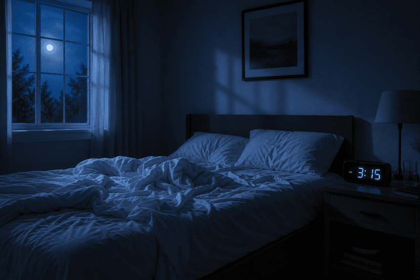 A dimly lit bedroom with moonlight and a 3:15 am clock.