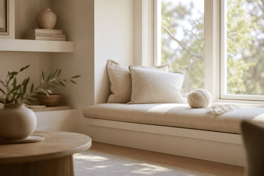 Serene corner featuring cozy seating and soft cushions.
