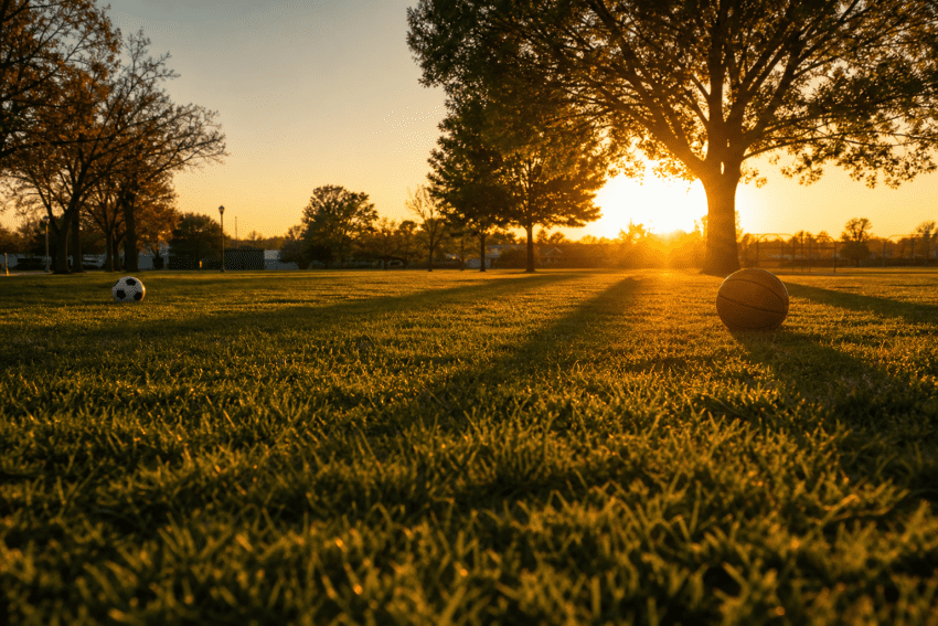 Serene park scene with soccer and basketball at sunset.