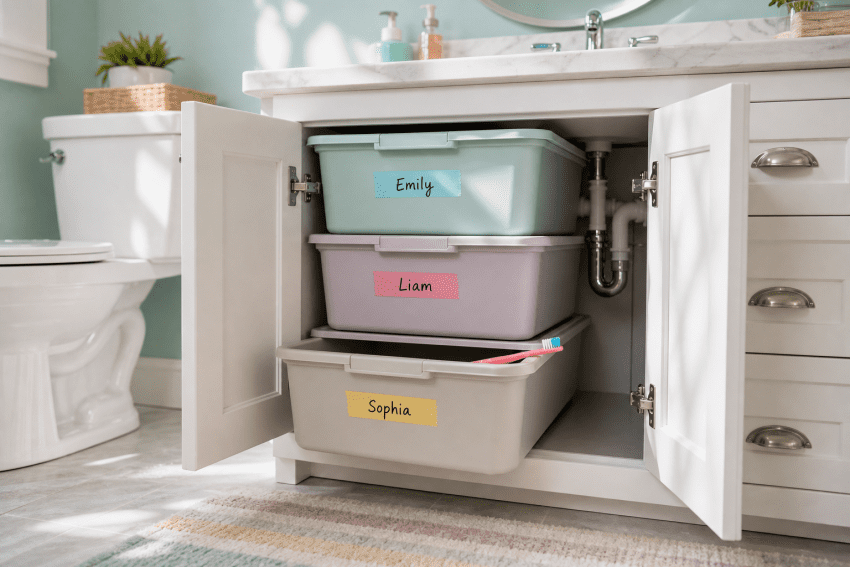 Under-sink storage bins with labels.