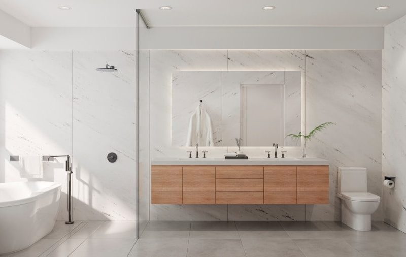 a bathroom with a tub, sink, and mirror